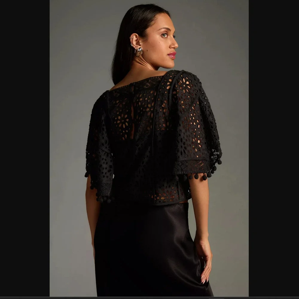 New Anthropologie Victorian Cutwork Black Blouse - Size XL